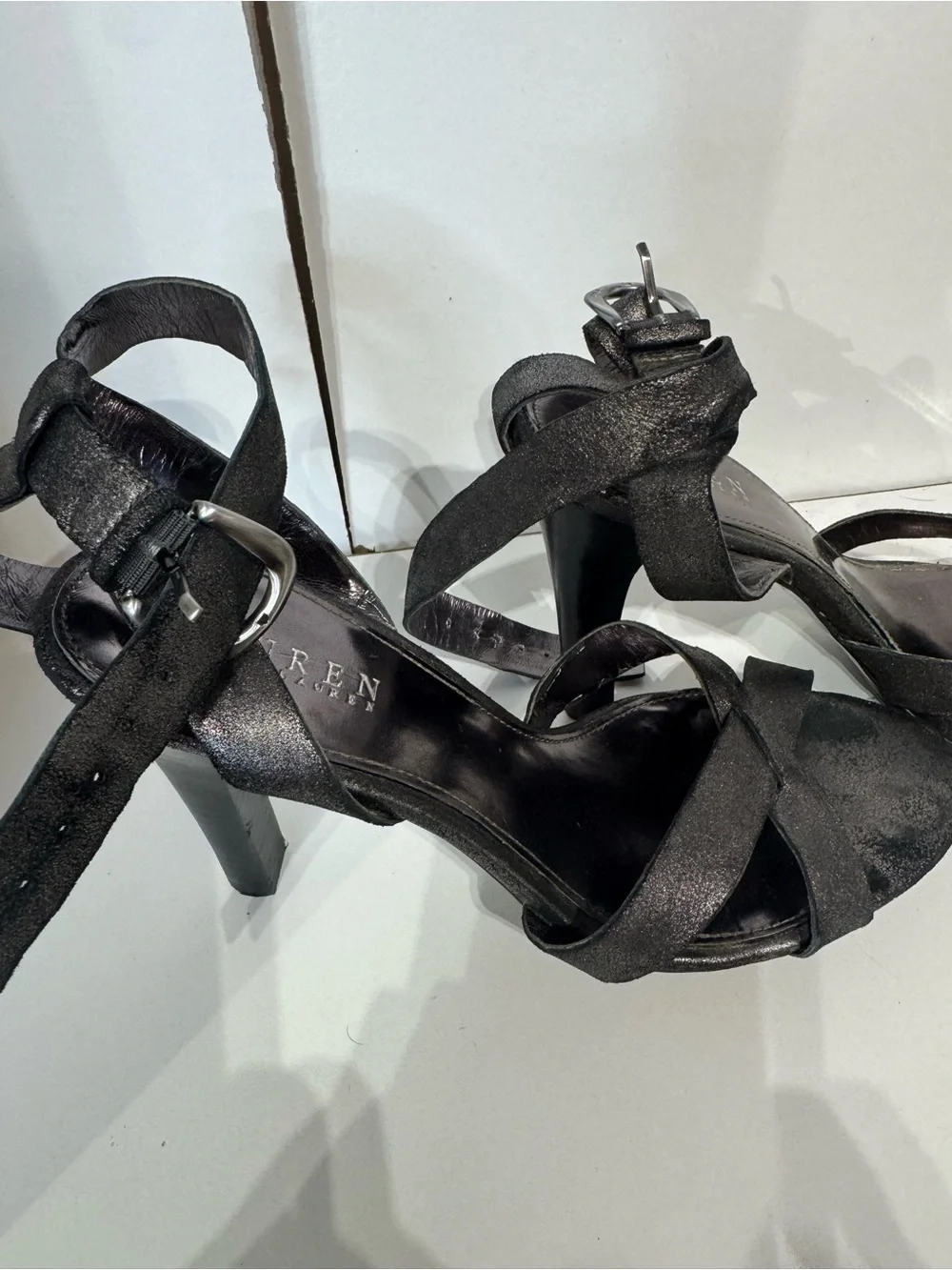 Lauren Ralph Lauren Metallic Black Strappy Ankle-Heel Sandals